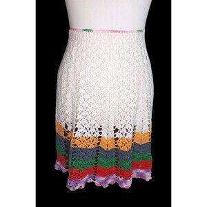 Vintage Cotton Hand Crochet Half Apron White w/ Rainbow Stripes Hand Made BEAUTY